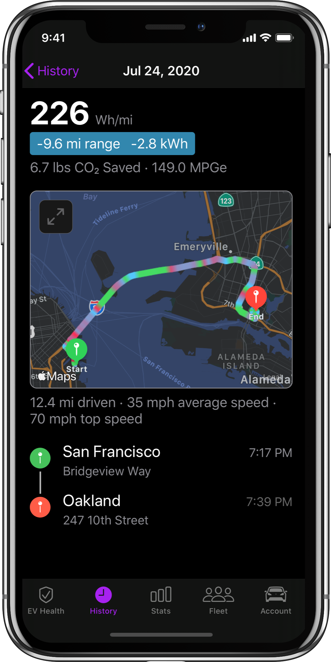 Nikola App screenshot of trip details showing driving efficiency map, and driving data.