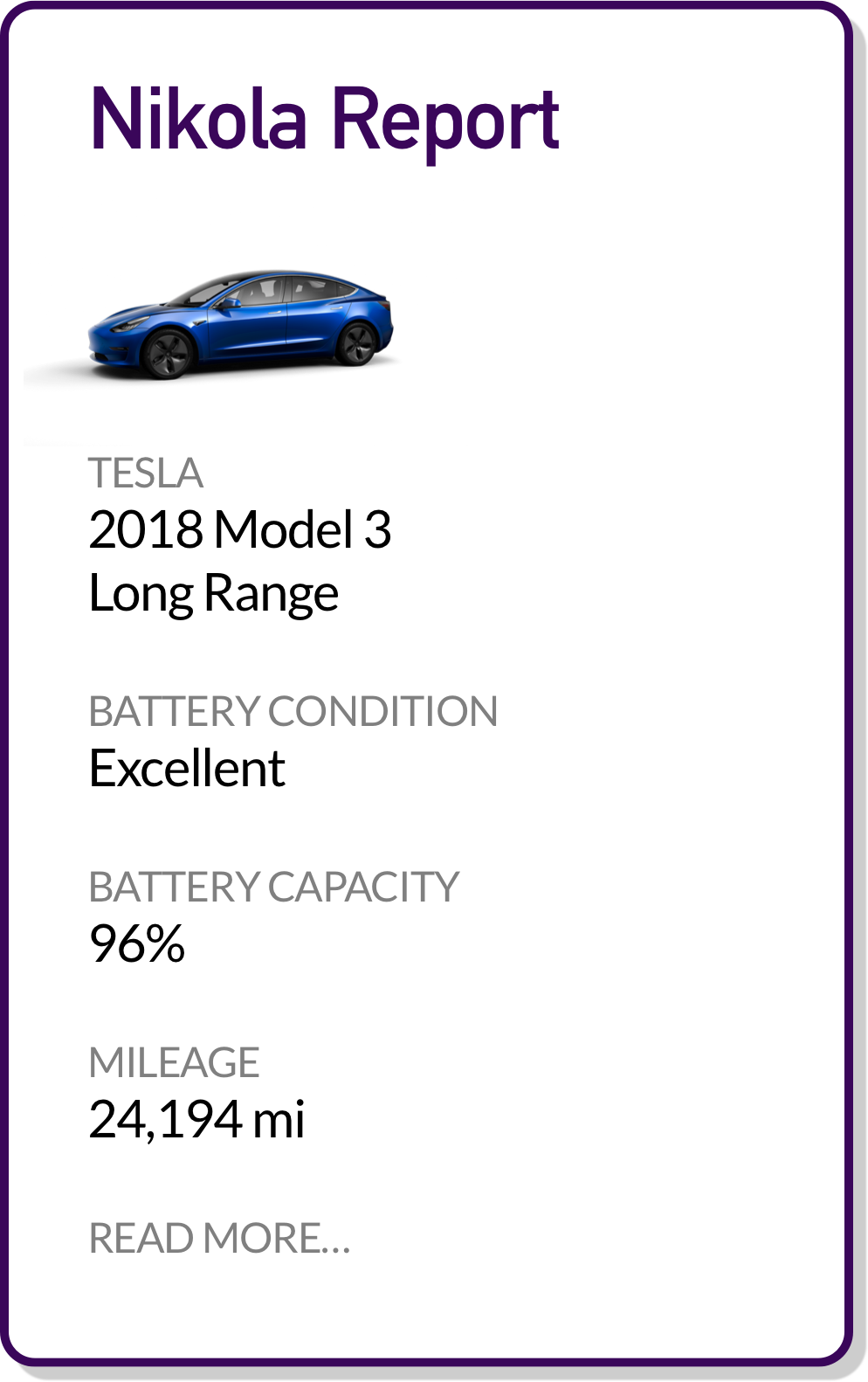 Nikola Report image with battery health, mileage, charge capacity, and more.